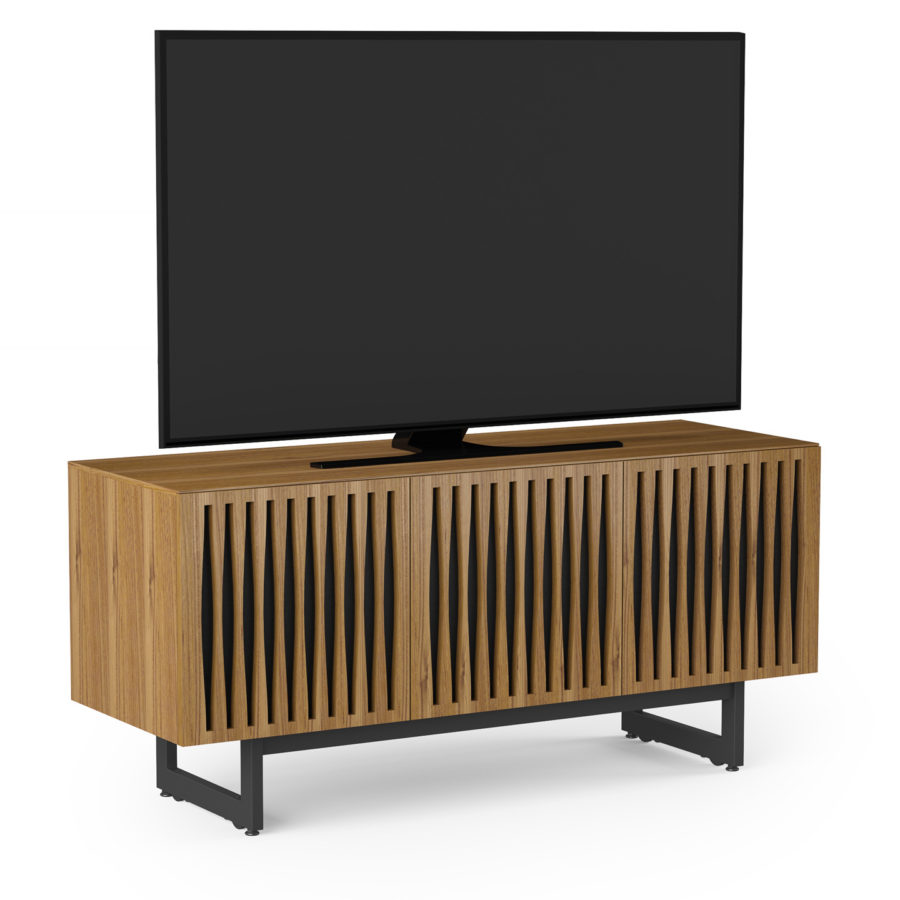 Elements 8777 Media Console Tempo Natural Walnut - closeup with TV