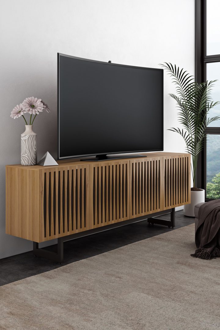 Elements 8779 Media Console Tempo Natural Walnut - room view with TV