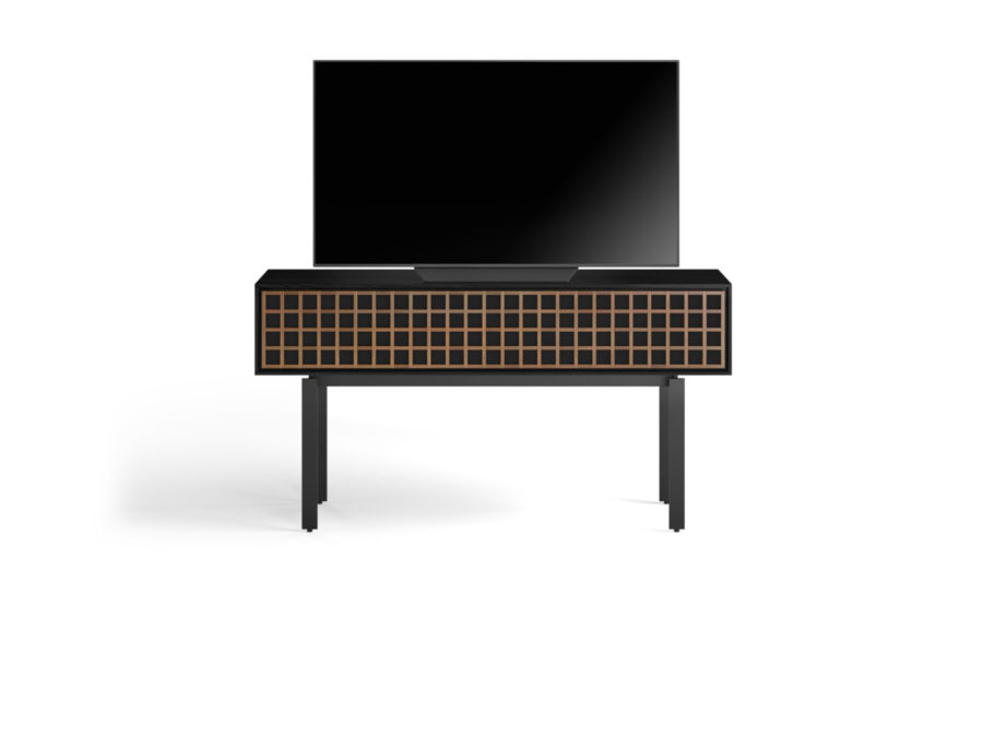 Interval 61 Media Console 7246 BDI Ebonized Ash / Natural Walnut - front view with TV