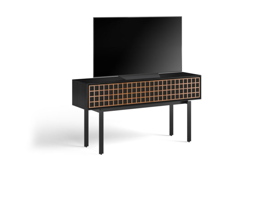 Interval 61 Media Console 7246 BDI Ebonized Ash / Natural Walnut - side view with TV