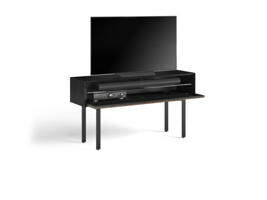 Interval 61 Media Console 7246 BDI Ebonized Ash / Natural Walnut - side with with TV door open