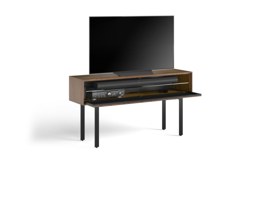 Interval 61 Media Console 7246 BDI Natural Walnut - side view with TV door open