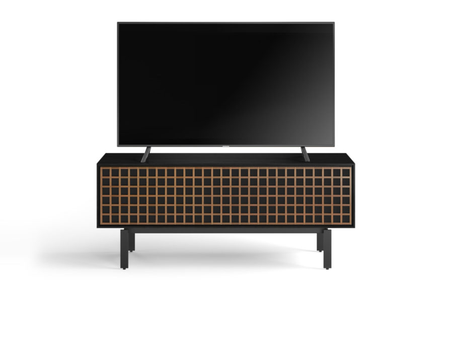 Interval 66 Media Cabinet 7247 BDI Ebonized Ash / Natural Walnut - front view with TV