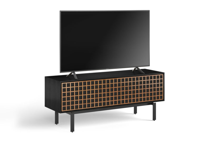 Interval 66 Media Cabinet 7247 BDI Ebonized Ash / Natural Walnut - side view with TV