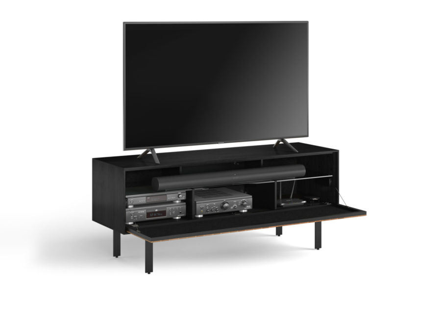 Interval 66 Media Cabinet 7247 BDI Ebonized Ash / Natural Walnut - open door with TV