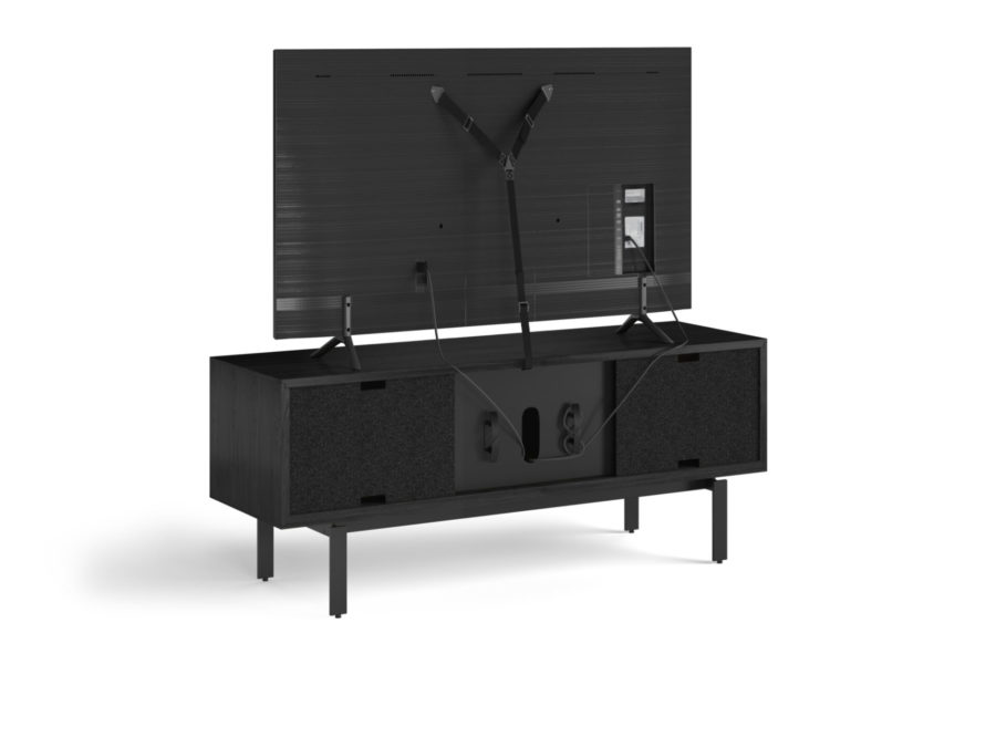 Interval 66 Media Cabinet 7247 BDI Ebonized Ash / Natural Walnut - rear view with TV