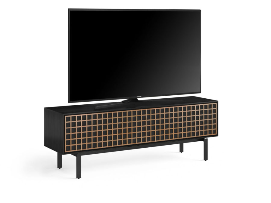Interval 78 Media Console 7249 BDI Ebonized Ash / Natural Walnut - side view with TV