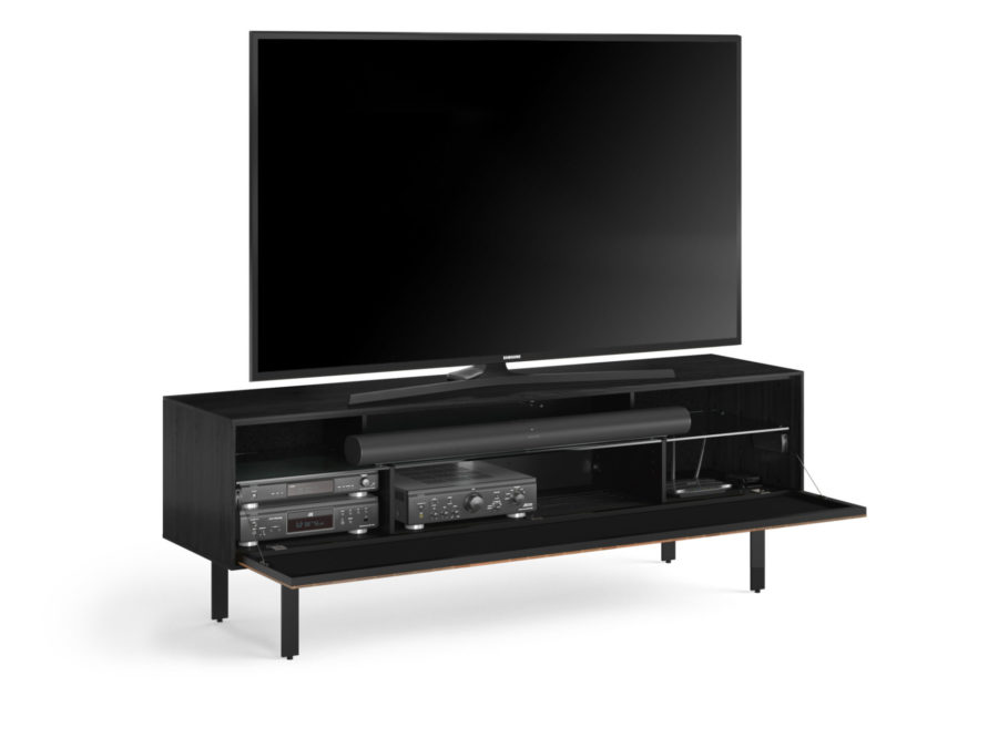 Interval 78 Media Console 7249 BDI Ebonized Ash / Natural Walnut - storage view with TV