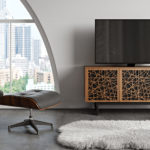Elements 8777 Media Console Ricochet Natural Walnut - room view with TV