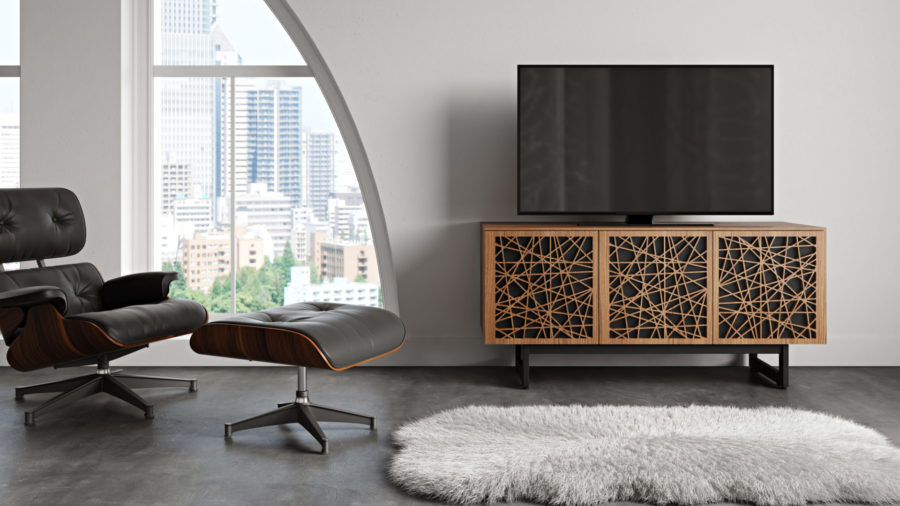 Elements 8777 Media Console Ricochet Natural Walnut - room view with TV