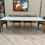 Bontempi-Versus Dining Table 20.54 - matt light grey glass top and walnut legs showroom view 1