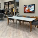 Bontempi-Versus Dining Table 20.54 - matt light grey glass top and walnut legs showroom view 2