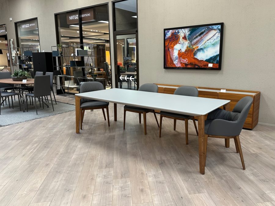 Bontempi-Versus Dining Table 20.54 - matt light grey glass top and walnut legs showroom view 2