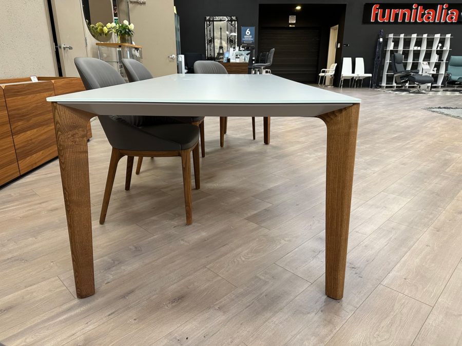 Bontempi-Versus Dining Table 20.54 - matt light grey glass top and walnut legs showroom view 3