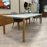 Bontempi-Versus Dining Table 20.54 - matt light grey glass top and walnut legs showroom view 4