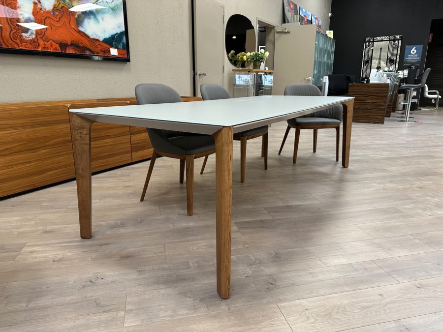 Bontempi-Versus Dining Table 20.54 - matt light grey glass top and walnut legs showroom view 4
