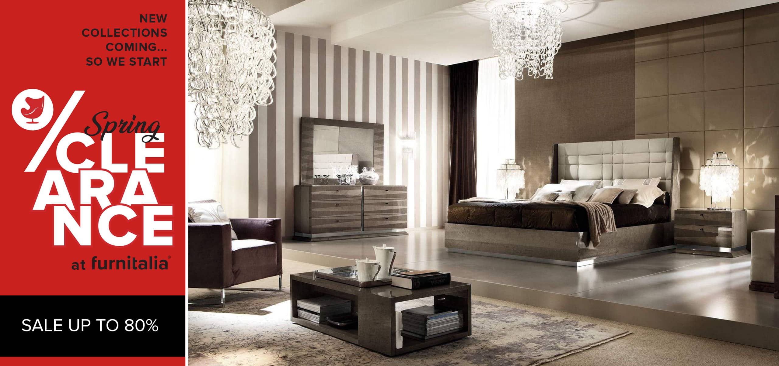 Furnitalia showroom clearance sale banner showcasing bedroom furniture
