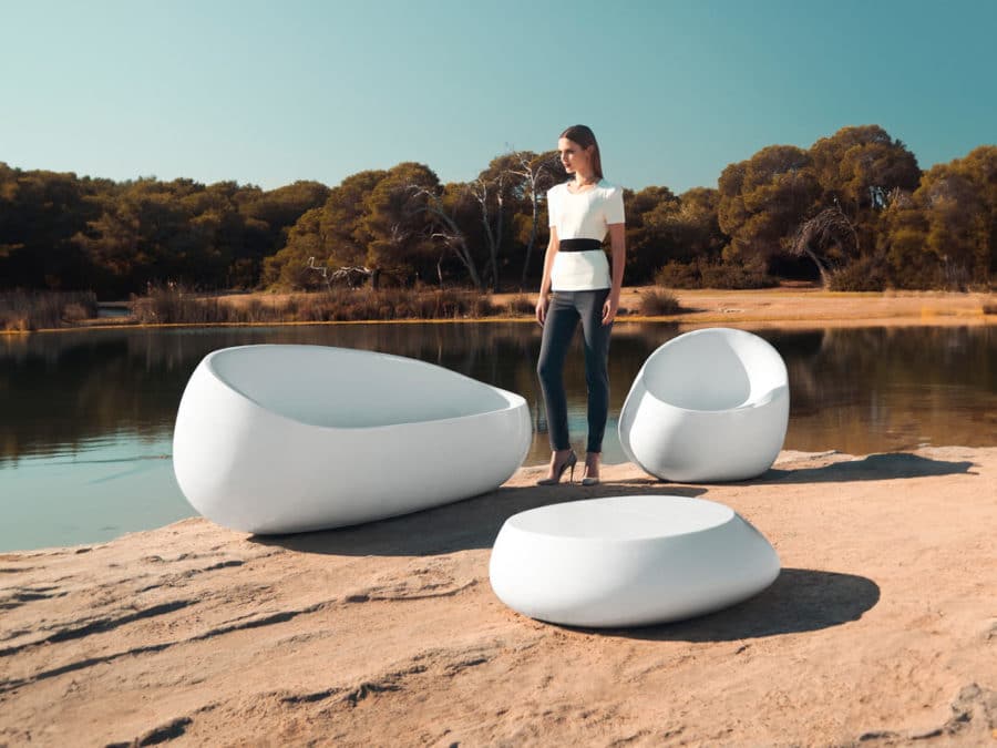 Vondom - STONE collection showing sofa, lounge chair and a table
