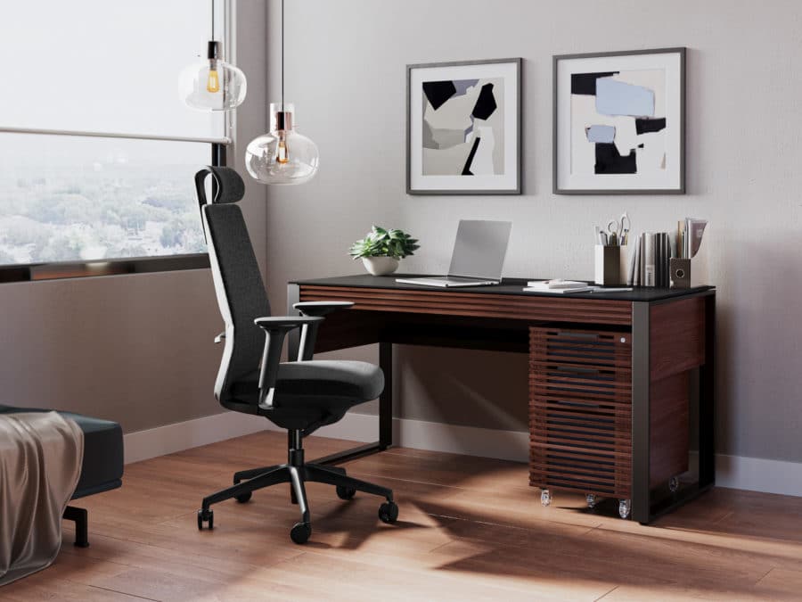 BDI Corridor desk 6501 with mobile file pedestal 6507 chocolate stained walnut modern office furniture