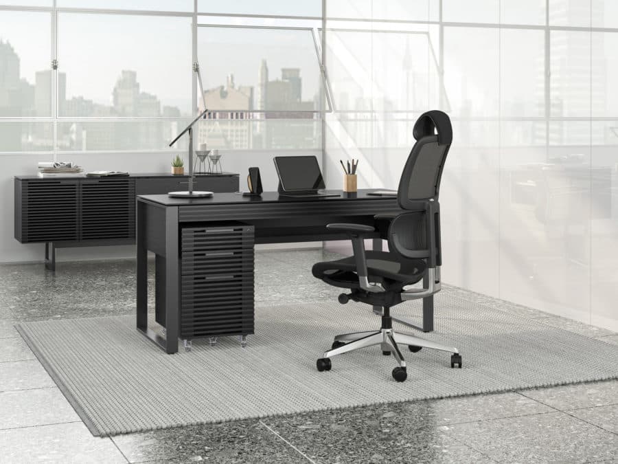 BDI Corridor desk 6501 with mobile file pedestal 6507 Charcoal stained ash modern office furniture