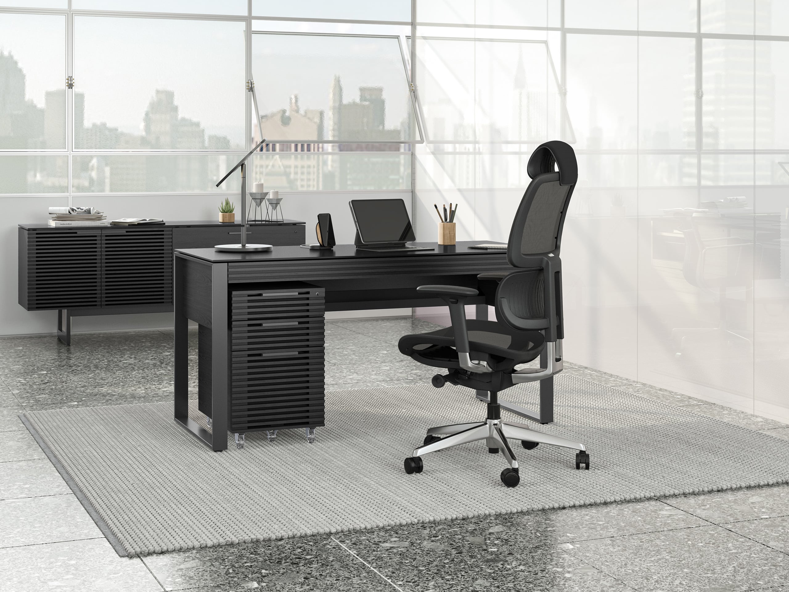 BDI Corridor desk 6501 with mobile file pedestal 6507 Charcoal stained ash modern office furniture