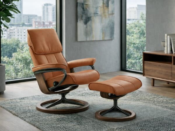Stressless Admiral Recliner with Ottoman Smoked Oak Signature Matte Black Base and New Cognac Paloma Leather