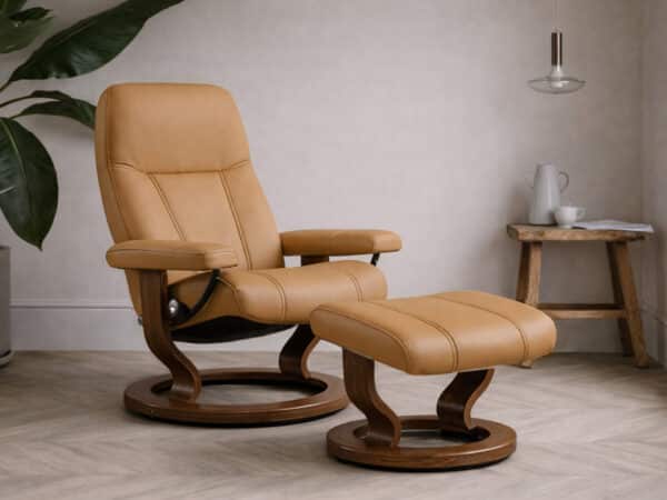 Stressless Consul Recliner with Ottoman Classic Walnut Wood Base and Latte Batick Leather