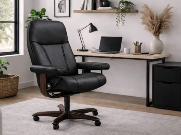 Stressless Consul Home Office Chair Walnut Wood Base and Black Batick Leather