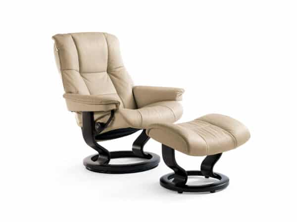 Stressless Mayfair Classic Recliner with Ottoman Brown Base Oxford Blue Paloma Leather