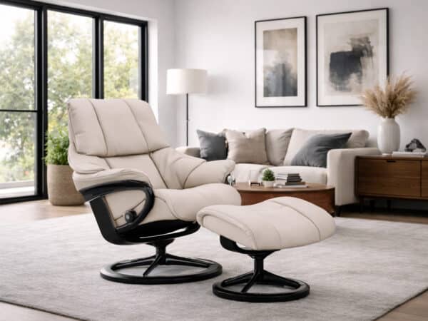 Stressless Reno Recliner with Ottoman Black Signature Matte Black Base and Fog Paloma Leather