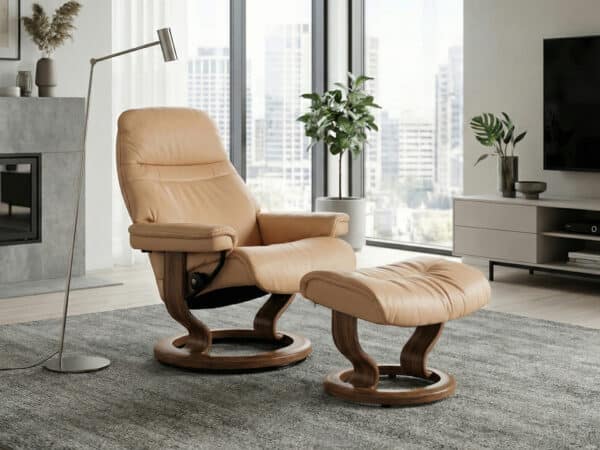 Stressless Sunrise Classic Recliner with Ottoman Walnut Classic Base Sand Paloma Leather