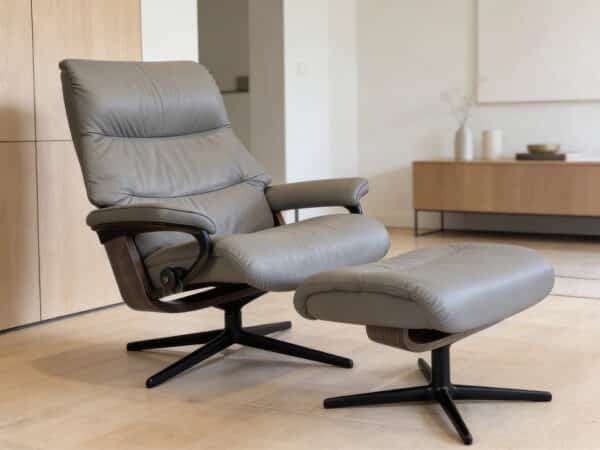 Stressless View Recliner with Ottoman Matte Black base Neutral Grey Paloma Leather