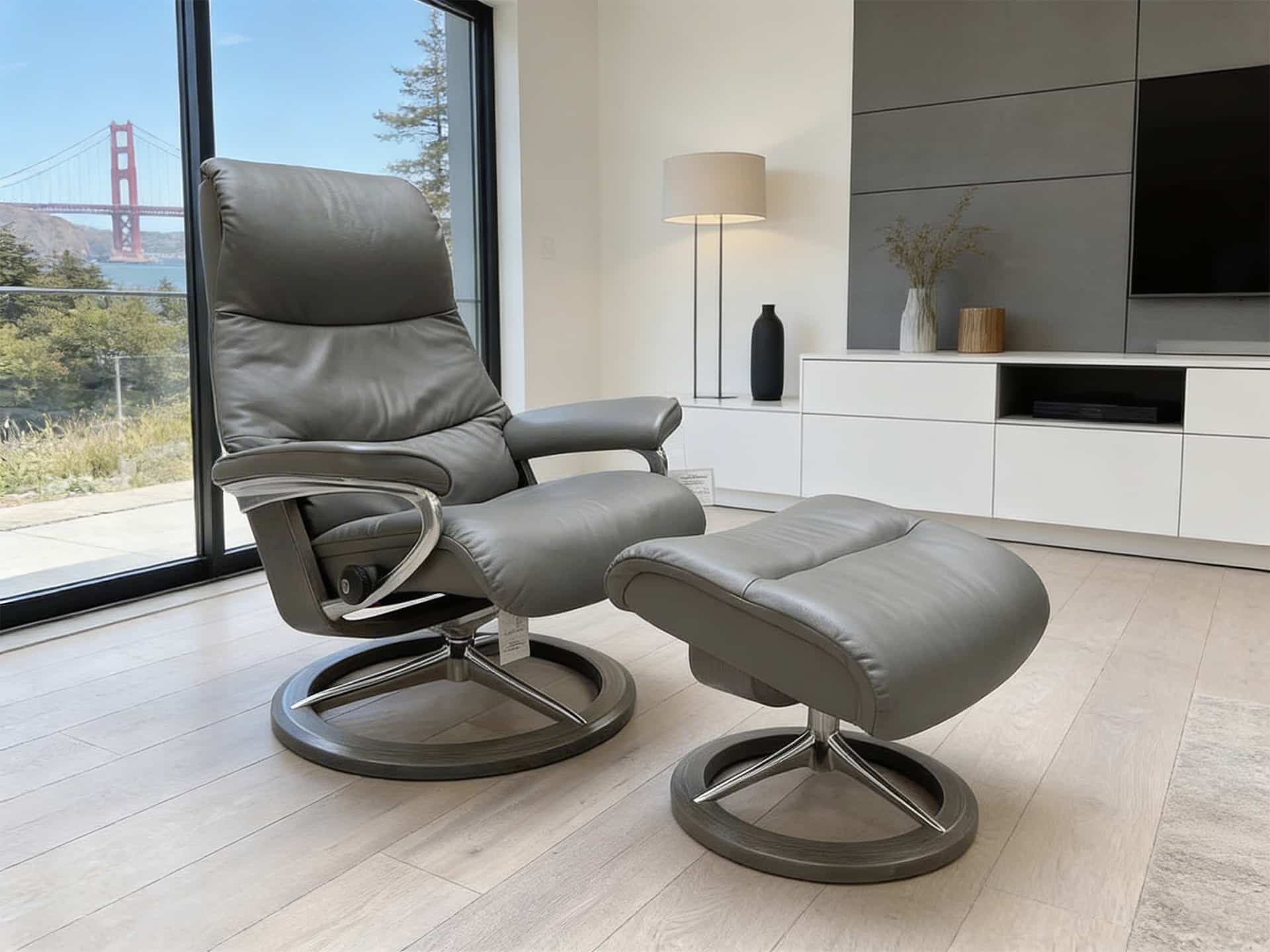 Stressless View Signature Recliner with Ottoman Polished Aluminum Base Paloma Metal Grey Leather