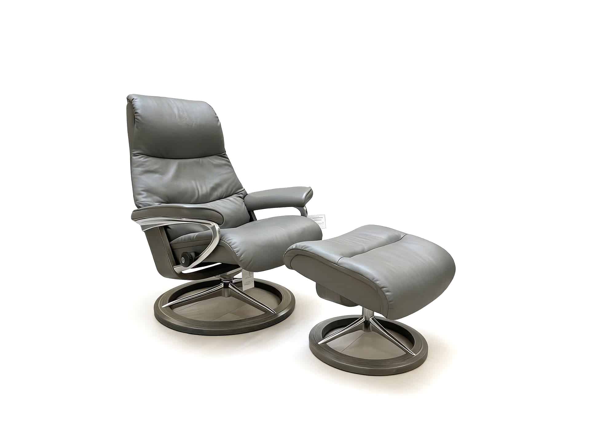 Stressless View Signature Recliner with Ottoman Polished Aluminum Base Paloma Metal Grey Leather
