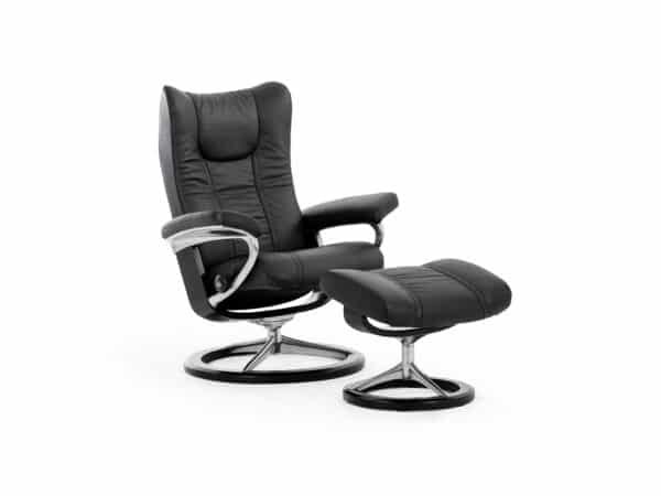 Stressless Wing Signature Recliner with Ottoman Matte Black Wenge Base Teal Blue Paloma Leather