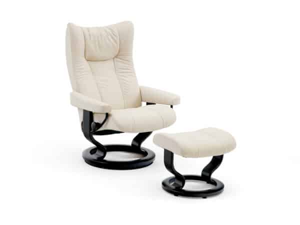 Stressless Wing Classic Recliner with Ottoman Black Base Black Paloma Leather