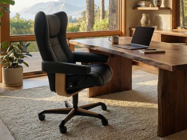 Stressless Wing Home Office Chair Teak Base Black Paloma Leather