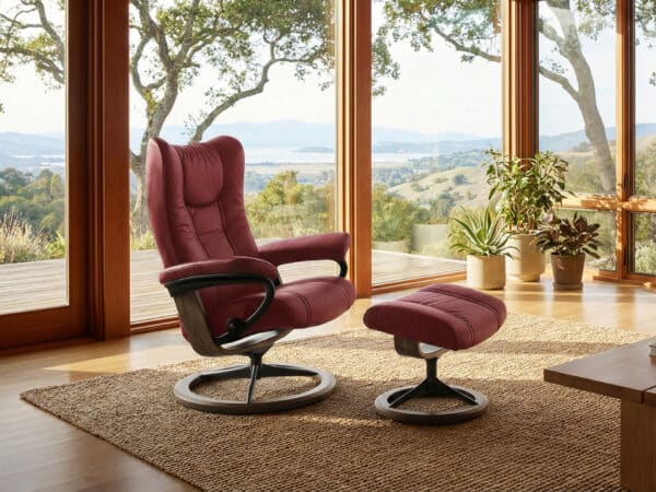 Stressless Wing Signature Recliner with Ottoman Matte Black Smoked Oak Base Cherry Paloma Leather