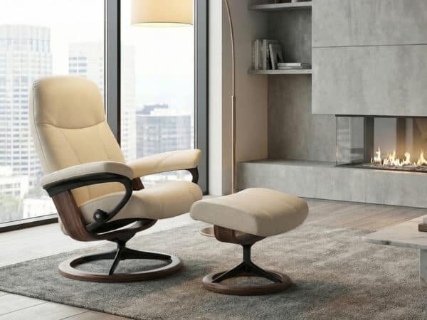 Stressless Consul Signature Recliner With Ottoman Matte Black Metal Base Walnut and Cream Batick Leather