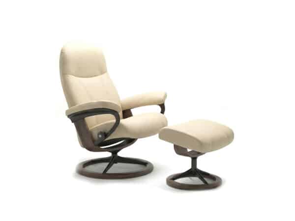 Stressless Consul Signature Recliner With Ottoman Matte Black Metal Base Walnut and Cream Batick Leather