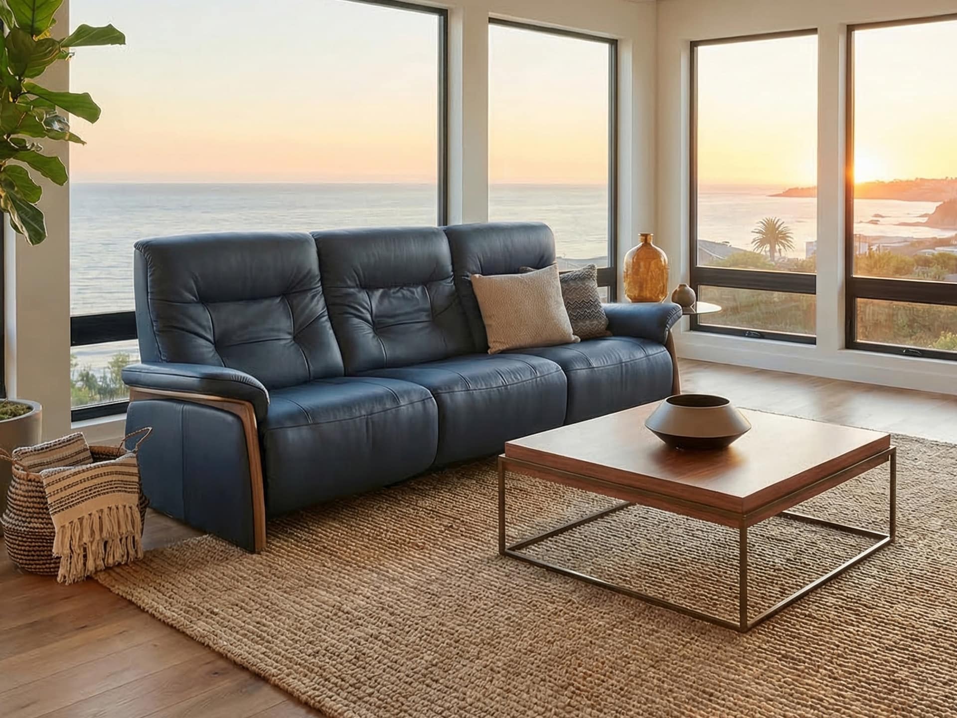 Stressless Mary Power Sofa 3-seat Oxford Blue Paloma Leather with Smoked Oak Wood Trim Arms