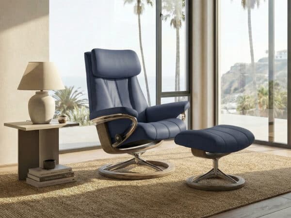 Stressless Paul Signature Recliner with Ottoman Polished Aluminum Smoked Oak Base Oxford Blue Paloma Leather