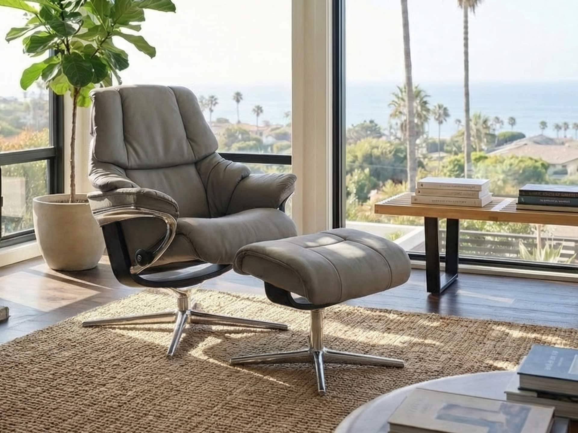 Stressless Reno Cross Recliner With Ottoman Polished Aluminum Metal Base Black Wood and Metal Grey Paloma Leather