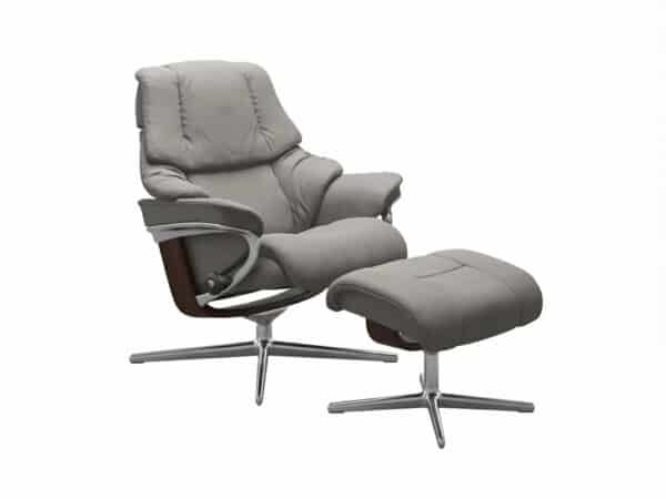 Stressless Reno Cross Recliner With Ottoman Polished Aluminum Metal Base Black Wood and Metal Grey Paloma Leather