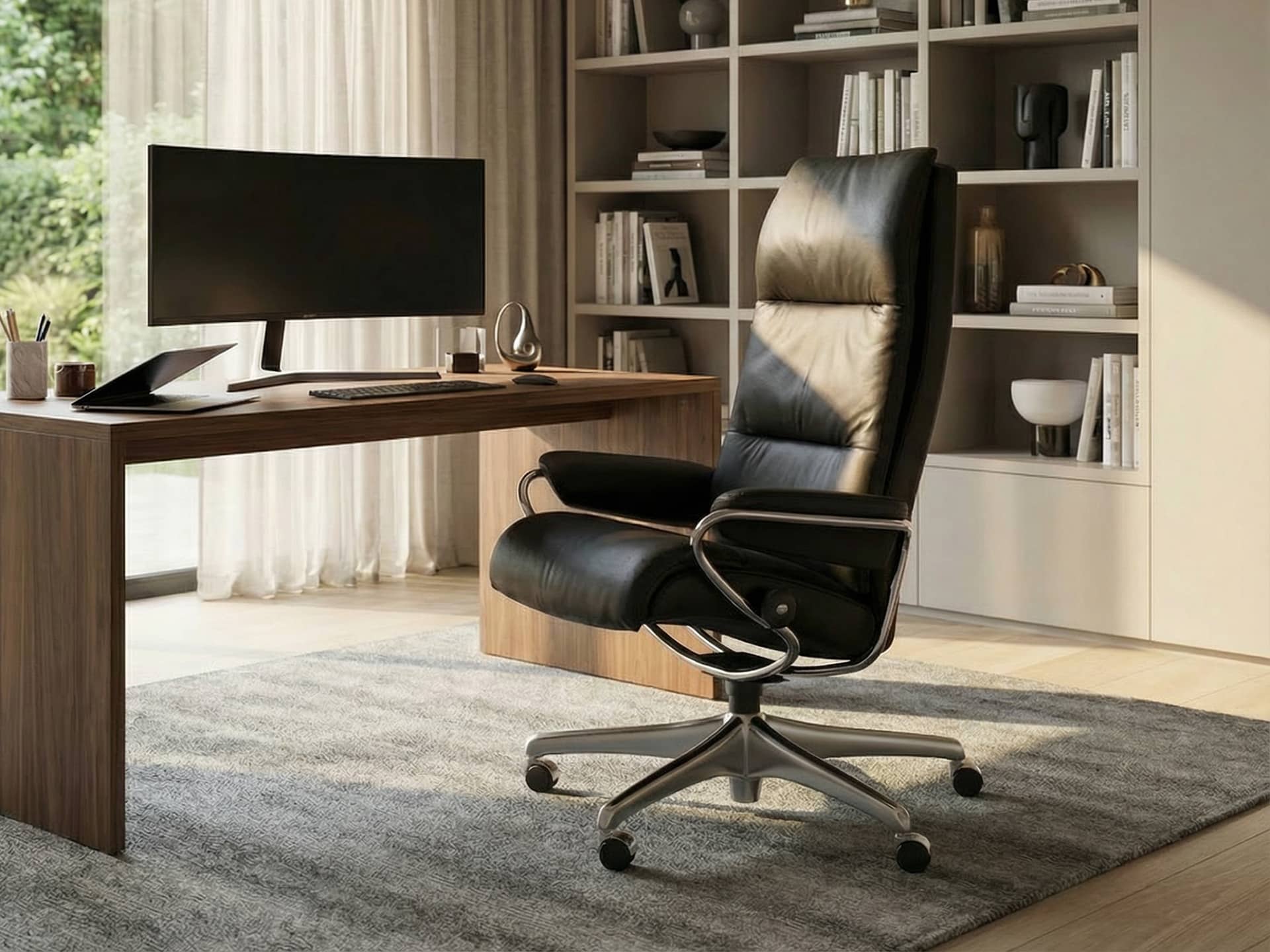 Stressless Tokyo Home Office Chair Recliner Polished Aluminum Metal Base Black Paloma Leather